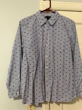 Gap Women’s  Blue Striped Button-Down Shirt with Red Accent